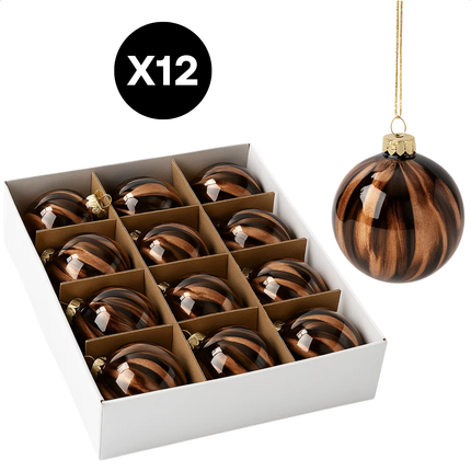 Cheqo® Glazen Kerstballen - Set van 12 - Bruine Kerstballen - 8 CM Diameter - Glanzende Kerstballen - Kerstboomversiering - Kerstversiering - Bruin met Zwart en Goud - Goudkleurig Kapje - Kerstbal Set - Glazen Kerstornamenten - Bruine Tinten