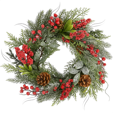 Cheqo® Kerstkrans Ø50 Cm - Rode Besjes - Bruine Dennenappels - Witte Afwerking - Licht Besneeuwd - Traditionele Kerstkleuren - Kerstdecoratie Interieur - Groene Dennennaaldjes - Eenvoudige Ophanging - Deurkrans - Rode Krans