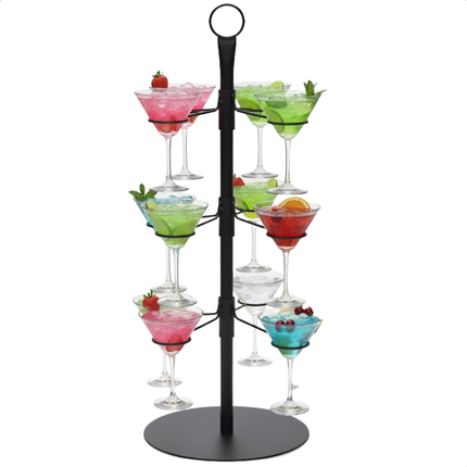 Cheqo® Cocktailboom - Etagere Voor Glazen - Cocktail Standaard - Geschikt Voor 12 Glazen - Metaal Zwart - Cocktailglazen Houder - Decoratieve Etagere - Cocktail Toren - Thuisbar - Feest Decoratie - Cocktail Boom - Martinitoren
