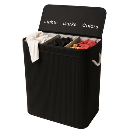 Cheqo® Wasmand 3 Vakken - Wassorteerder - Bamboe Materiaal - Zwart Design - 100 Liter Inhoud - Licht Donker Kleur - Makkelijk Te Monteren - Geen Gereedschap Nodig - Wasbare Binnenzak - Wasgoed Organizer