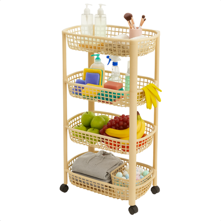 Cheqo® Keukentrolley Op Wielen - Verrijdbare Keukentrolley - 4 Lagen Trolley - Kunststof Trolley - Beige Keukentrolley - Opbergtrolley Met Manden - Keuken Opbergoplossing - Compacte Keukentrolley - Keuken Organizer - Badkamer Organizer