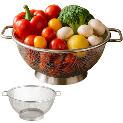 Cheqo® Roestvrij Staal Zeef - RVS Vergiet - Fijne Meshstructuur - Groenten Afgieten - Pasta Spoelen - Fruit Wassen - Compacte Zeef - Functioneel Vergiet - Kleine Vergiet - Zilveren Zeef - Ronde Zeef - Zeef Met Handgrepen - Stabiel Op Aanrecht