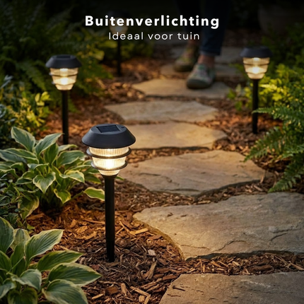 Cheqo® Solar Tuinverlichting - Solar Buitenlamp - Buitenlamp Zonne Energie - Solar Lamp Buiten - Solar Lampen Buiten - Solar Tuinlampen - Solar Priklampen - Solar Tuinverlichting Warm Wit - Zwarte Solar Buitenlamp - Solar Lampen Set 4