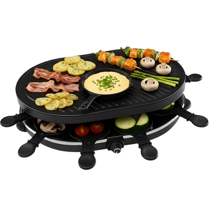 Cheqo® Raclette Grill – Gourmetstel voor 8 Personen – Bakplaat - Verwijderbare Grillplaat – Inclusief Gourmetpannetjes & Spatels – 1200 Watt Vermogen – Eenvoudig Schoon te Maken – Elektrisch Gourmetstel - Gourmetten - Bakplaat