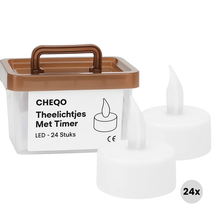 Cheqo® LED Theelichtjes - Theelichtjes Met Timer - Flikkerend Vlammetje - Warm Wit LED - Automatische Uitschakeling - 24 Stuks - Sfeervol Licht - Waxinelichtjes LED - Realistisch Vlammetje - Elektrische Kaarsen