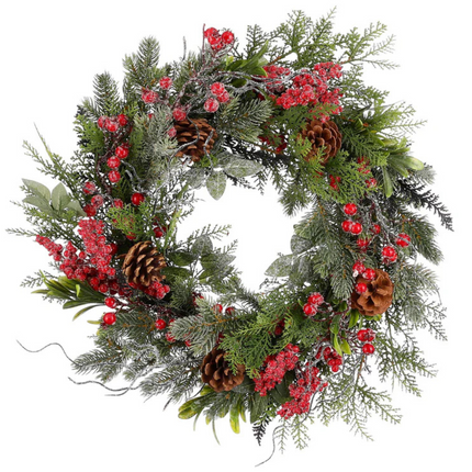 Cheqo® Kerstkrans Ø50 CM - Kerst Krans - Traditionele Kerstkleuren - Groene Dennennaaldjes - Rode Besjes - Bruine Dennenappels - Witte Sneeuw Afwerking - Licht Besneeuwd Effect - Eenvoudige Ophanging - Kerstdecoratie Interieur