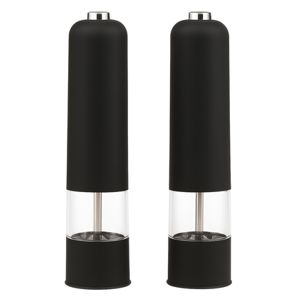 Cheqo® Elektrische Peper- En Zoutmolen - Zout & Pepermolen Stel Elektrisch - Verstelbare Maalgraad - Keramische Molen - Met Drukknop - Met Licht - Set Van 2 Stuks - ABS Kunststof - RVS Onderdelen - Zwart - Op Batterijen - Luxe Kwaliteit