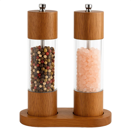 Cheqo® Eikenhouten Pepermolen - Eikenhouten Zoutmolen - Instelbare Maalgraad - Keramisch Maalwerk - Set van 2 - met Houder - Peper Zoutstel - Geschikt voor Kruiden - Fijn tot Grof Malen - Pepermolen en Zoutmolen Set