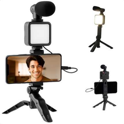 Cheqo® Telefoon Statief Met Lamp - LED Telefoon Statief - Content Creators Statief - Vloggers Telefoon Standaard - Livestream Statief - LED Lamp Met 49 LED’s - Verstelbare Lichthelderheid - Externe Microfoon Statief - Smartphone Tripod