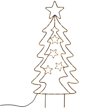 Cheqo® Tuinsteker Kerstboom - 90 LED Lampjes - Extra Warm Wit - Metalen Grondpennen - Werkt Op Batterijen - Automatische Timer - Binnen En Buiten - IP44 Beschermwaarde - Kerst Tuinversiering - Decoratieve Kerstboom - Zwarte Metalen Frame