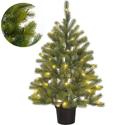 Cheqo® Kunstkerstboom Met LED Verlichting - Mini Kerstboom op Batterijen - Tafelkerstboom - Compacte Kerstdecoratie - Warm Witte LED Lampjes - Luxe Takken - Eenvoudig Op Te Zetten - Kerstboom In Pot - 90 CM Hoog