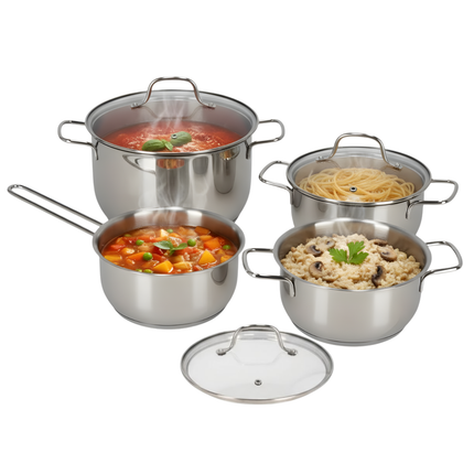 Cheqo® 7-Delige Pannenset – Roestvrij Staal – Glazen Deksel – Complete Kookgerei Set – Pannen Set - Kookpan Set – Hittebestendig Glas – Kookpannen – Veelzijdige Pannenset