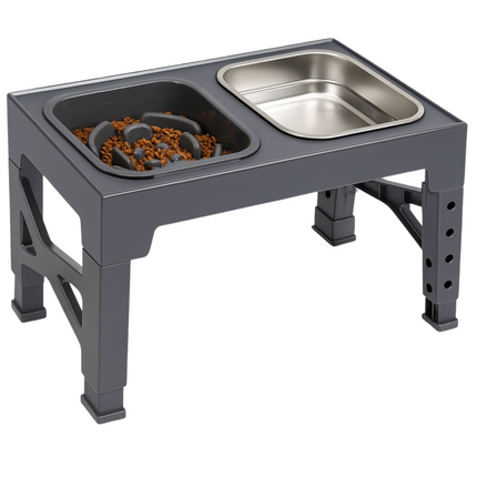 Cheqo® Verstelbare Hondenvoerbak – 5 Hoogtes – Anti Schrokbak & Slow Feeder – RVS Drinkbak – Opklapbaar – Kunststof Standaard – Anti-Slip Poten – Dubbele Eet- en Drinkbak – Voor Grote & Kleine Honden – Zwart – Morsbestendig