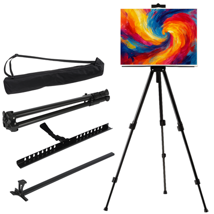 Cheqo® Opvouwbare Schildersezel - In Hoogte Verstelbaar - Met Opbergtas - Metalen Schildersezel - Zwarte Schildersezel - Draagbare Schildersezel - Compacte Schildersezel - Schildersezel Voor Canvas - Kunst Schildersezel