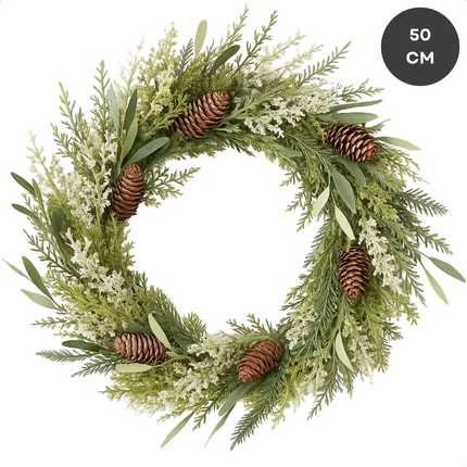 Cheqo® Groene Kerstkrans - Ø50 cm - Dennenappels - Dennentakken - Langwerpige Blaadjes - Natuurlijke Uitstraling - PE Materiaal - Deurdecoratie - Wanddecoratie - Kerstversiering - Binnen En Buiten - Sfeervolle Decoratie - Deurkrans