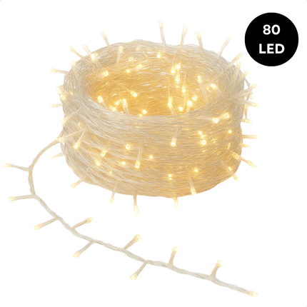 Cheqo® LED Verlichting - 80 LED Lampjes - Warm Wit - Lichtfuncties - Timer Functie - Kerstboomverlichting Transparant Snoer - Binnen En Buiten - IP44 Adapter - Kerstverlichting - Lichtslinger - Sfeerverlichting - Kerstlampjes