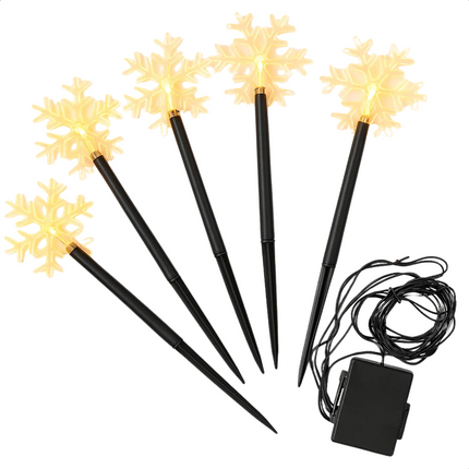 Cheqo® LED Tuinstekers - Sneeuwvlok Verlichting - Set Van 5 - Warm Wit LED - Buitenverlichting - IP44 Waterdicht - Acryl Sneeuwvlok - Kunststof Grondpen - Batterij Aangedreven - Automatische Timer - 8 Uur Aan Timer - 16 Uur Uit Timer