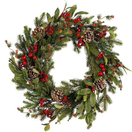Cheqo® Kerstkrans - Groene Dennentakken - Rode Bessen - Bruine Dennenappels - Traditionele Kerstdecoratie - Gezellige Sfeer - Polyetheen Materiaal - Ø50 cm - Ophangbaar - Krans Met Gat - Deurkrans - Kerst Krans