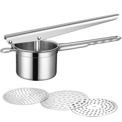 Cheqo® Aardappelpers RVS - Pureestamper - Aardappelpuree Maken - Met 3 Schijven - Eenvoudig Te Reinigen - Geschikt Voor Groenten En Fruit - 304 stainless steel - Hefboomwerking - Grof, Middel, Fijn Schijven - Multifunctionele Pers