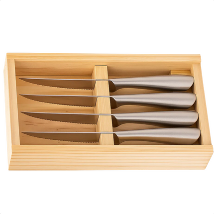 Cheqo® Steakmessen Set - Roestvrij Staal - Vaatwasserbestendig - Houten Bewaardoos - Scherpe Messen - Licht Gekarteld - 4-Delige Set - Cadeau Voor Vleesliefhebber - Keukenmessen - Steakmes 22,5 cm - RVS Steakmessen - Hersluitbare Doos