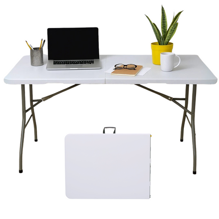 Cheqo® Opvouwbare Tafel – Inklapbare Klaptafel met Draaghandvat – Stevig Stalen Onderstel – Kunststof Tafelblad – Campingtafel - Buffettafel - Partytafel – Weerbestendig & Compact Koffermodel – Voor Binnen en Buiten