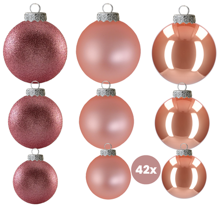 Cheqo® Kerstballen Set - Roze Kerstballen - Glazen Kerstballen - Kerstboom Decoratie - Chique Uitstraling - Feestelijke Kerstversiering - Ø7 cm Kerstballen - Matte Kerstballen - Glimmende Kerstballen - Glitter Kerstballen