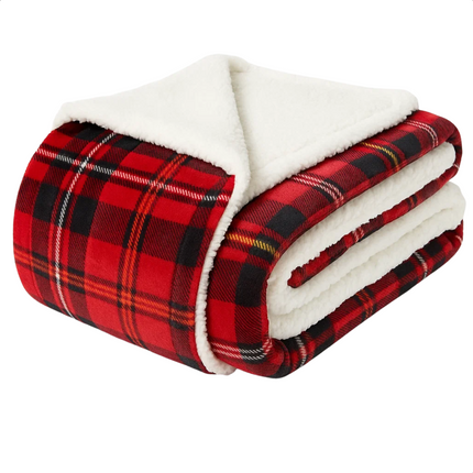 Cheqo® Kerstdeken - 200x150 CM - Plaid Rood Geruit - Flanel Sherpa Fleece - Zachte Warmteplaid - Schotse Ruit - Sfeervolle Woondecoratie - Polyester - Flanel met Print - Sherpa Achterzijde - 1200 Gram - Plaid - Woonaccessoire - Winterdeken