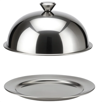 Cheqo® RVS Stolp - Serveerschaal Met Deksel - Voedsel Presenteren - Taartstolp - Kaas Stolp - Gebak Stolp - Snacks Presenteren - Glanzend RVS - Diameter 24.5 Cm - Stolp Met Dienblad
