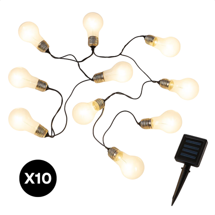 Cheqo® Solar Feestverlichting - 10 Lampen - Warm Wit Licht - Vervangbare Batterij - Tuinverlichting Op Zonne-Energie - Lichtslinger Buiten - Sfeerverlichting - Transparante Lampen - Energiezuinig - Tuin Decoratie