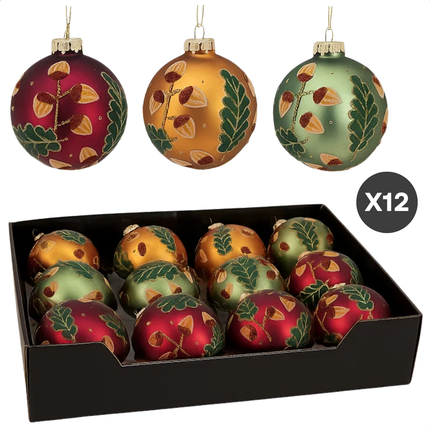 Cheqo® Glazen Kerstballen - Set van 12 - Mat Kerstballen - 8 CM Diameter - Rood Groen Goud - Kerstboomversiering - Kerstversiering - Goudkleurig Kapje - Rode Kerstballen Set