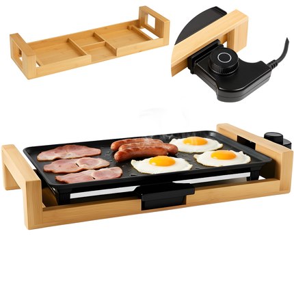 Cheqo® Teppanyaki Bakplaat - Grillplaat Grill - Elektrische Tafelgrill - Bamboe Hout - Bakplaat Kerst - Verstelbare Temperatuur - 2000W Vermogen - Tafelgrill Voor Gezin - Tepanyaki Plaat - Gourmet Grillplaat - Gourmetten Elektrisch