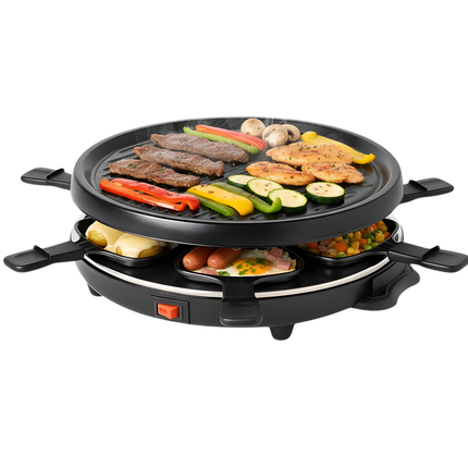 Cheqo® Raclette Grill - 6 Persoons - Stalen Grillplaat - Gourmet - Gourmetten - Antiaanbaklaag - PFAS-Vrij - Anti-Slip Voetjes - Houten Spatels - Eenvoudig Te Reinigen - Compacte Raclette