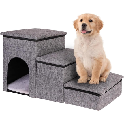 Cheqo® Opvouwbaar Hondentrap - Trapje Voor Huisdieren - Drie Compartimenten - Ingebouwde Mand - Opbergruimte Voor Speelgoed - Oxford Materiaal - MDF Constructie - 4200 Gram Gewicht - Huisdier Trap - Kleine Honden Trap