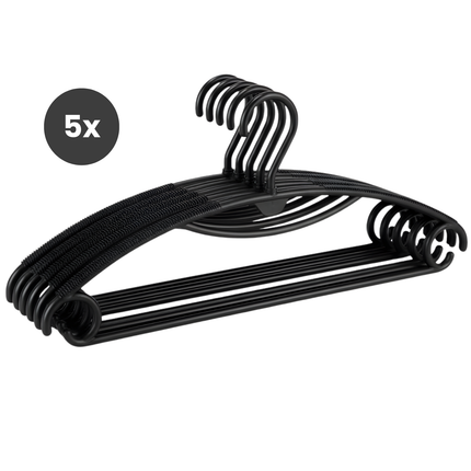 Cheqo® Kledinghangers - Kleerhanger - Kleding Hanger Zwart - Kleeerhangers Set Van 5 - Hangers - Draaibare Haak - Inkepingen Voor Bandjes - Kledinghangers Set - Kledingopslag - Garderobe Opruimen - Kleding Organisatie