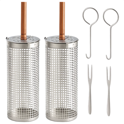 Cheqo® BBQ Grillmand Set - Rollend Grillrooster - Roestvrij Staal - Barbecue Accessoires - Houten Handvat - Vlees, Vis en Groenten - Gelijkmatige Verhitting - 30 CM Grillmand - Set van 2 - BBQ Gereedschap - Cilinder Grillmand - Buiten Koken