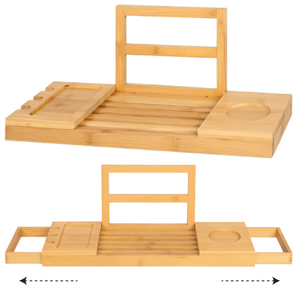 Cheqo® Luxe Verstelbare Badplank Bamboe – Uitschuifbaar Badrek – Badplank met Boekensteun, Tablethouder, Wijnglashouder & Bekerhouder – Waterbestendig Badkuiprekje – Compacte Opberging – Badaccessoires Hout