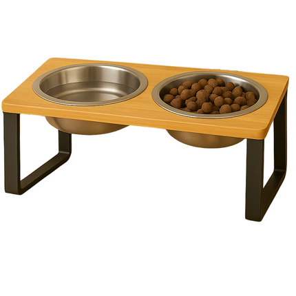 Cheqo® Dubbele Voerbak Voor Honden & Katten – RVS Voerbakken met Bamboe Standaard – Verhoogde Eet- en Drinkbak – Antislip Voerbak met Houder – Waterafstotend – Ergonomisch – Voor Kleine Huisdieren
