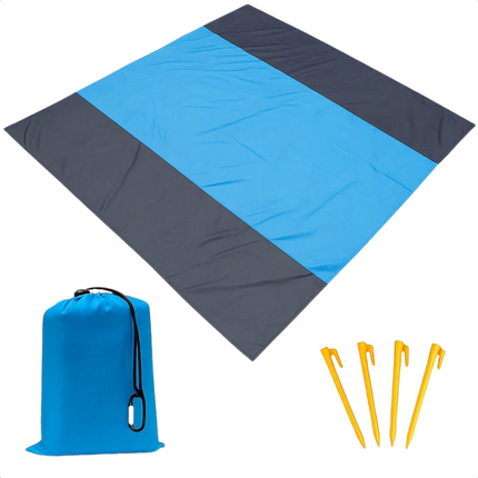 Cheqo® Strandmat Waterafstotend - Picknickkleed Groot - Lichtgewicht Strandmat - Opvouwbare Picknickkleed - Strandmat Met Haringen - Picknickkleed Met Opbergzak - 210x200 cm Kleed - Blauw Grijs Kleed - Polyester Strandmat
