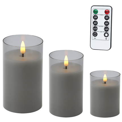 Cheqo® LED Kaarsen Set – Inclusief Afstandsbediening – Grijs Glasdesign – Werkt op Batterijen – Timerfunctie – Dimbare Verlichting – Twee Lichtstanden – Decoratieve Kaarsen – Elektrische Kaarsen - LED Kaars