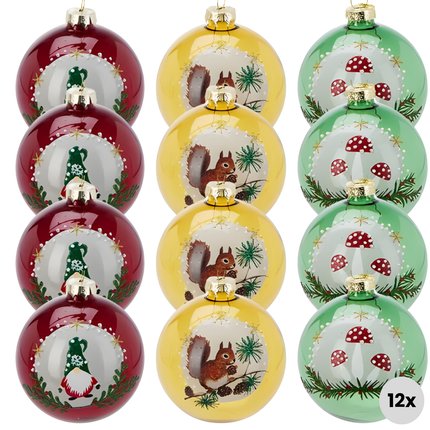 Cheqo® Glazen Kerstballen - Set Van 12 - Glanzend Kerstballen - Traditionele Kerstballen - Rode Kerstballen - Gele Kerstballen - Groene Kerstballen - Kerstboomversiering - Kerstdecoratie - Glazen Ornamenten - Kerstbal Set