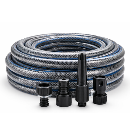 Cheqo® Tuinslang - Tuinslang Set - Tuinslang met Koppelingen - Tuinslang met Aansluitingen - Grijze Tuinslang - Transparante Tuinslang