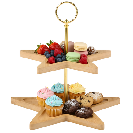 Cheqo® Kerst Etagere - 2 Lagen - Bamboe Etagere - Stervorm Etagere - Kerstdecoratie - Serveertoren - Bamboe En Metaal - Kersttafel Decoratie - Lichtgewicht Etagere - Kerstontbijt - Kerstdiner