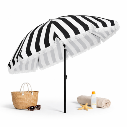 Cheqo® Parasol - Tuinparasol - Tuinparaplu - Strandparasol - Balkon Parasol - Camping Parasol - Gestreepte Parasol - Zwart Wit Parasol - Parasol Met Franjes - Parasol Met Draagtas - Kantelbare Parasol - Verstelbare Parasol - Parasol Uv Bescherming