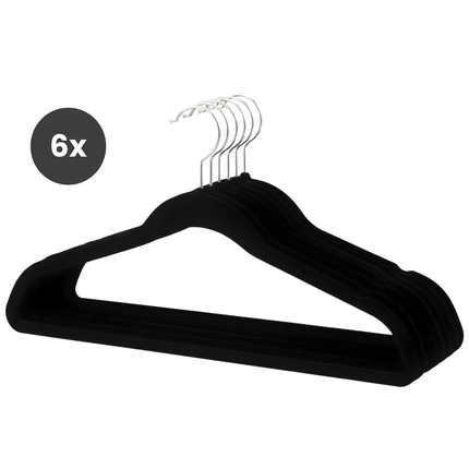 Cheqo® Velvet Kledinghangers - Zwarte Kledinghangers - Antislip Hangers - Kleerhaners - Slank Ontwerp - Draaibare Metalen Haak - Kleerhanger - Kledinghangers Met Inkepingen - Set Van 6 Hangers - Geschikt Voor Alle Soorten Kleding