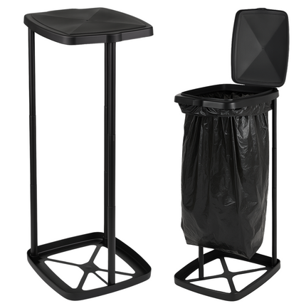 Cheqo® Camping Vuilniszakhouder 60L – Opvouwbare Vuilniszak Houder met Deksel – Lichtgewicht & Stevig – Kunststof en Metaal – Vuilniszakhouder voor Buiten, Tuin, Festivals & Kamperen – Inklapbare Afvalzakhouder Zwart