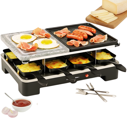 Cheqo® Gourmetstel Voor 8 Personen - Steengrill En Gewone Grill - Gourmetten Met Vrienden - Kerst Gourmetset - 8 Mini-Pannetjes - 9 Spatels Inbegrepen - Gourmetten - Grillplaat - Gourmet Stel - Tafelgrill