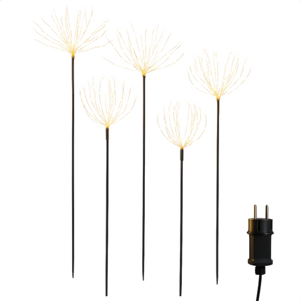 Cheqo® Tuinsteker Met Ledverlichting - Kerstverlichting Buiten - Kerstversiering Tuin - Verlichte Tuinstekers - Set Van 5 Tuinstekers - Warm Wit Licht - Adapter Met Timer - IP44 Geschikt Buiten - 225 Micro Led - Kerstdecoratie Buiten