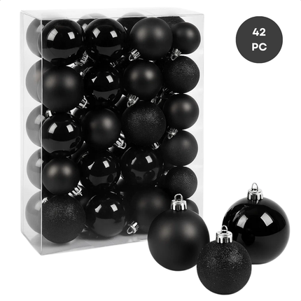 Cheqo® Kerstballen Set - 42 Stuks - Zwarte Kerstballen - Glazen Kerstballen - Moderne Kerstdecoratie - Matte Kerstballen - Glimmende Kerstballen - Glitter Kerstballen - Kerstboom Decoratie - Kerstballen Zwart