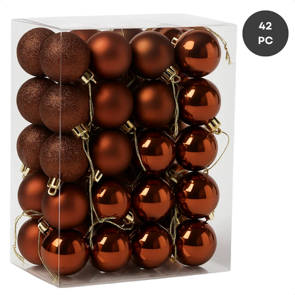 Cheqo® Kerstballen Set - Glazen Kerstballen - Bruine Kerstballen - Kerstboom Decoratie - Set Van 42 - Glimmende Kerstballen - Glitter Kerstballen - Diverse Afmetingen - Kerstballen Set Bruin - Kerstbal Set