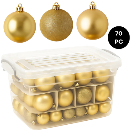 Cheqo® Kerstballen Set Goud - 70 Stuks Kerstballen - Kunststof Kerstballen - Opbergbox Inbegrepen - Mat Glanzend Glitter - Opbergdoos - Kerstversiering Goud - Kerstboom Decoratie - Gouden Kerstballen - Afsluitbaar Deksel